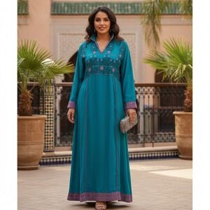 Sha Posh Long Maxi Dress Floral Embroidered Sequins Grannycore Y2K Size L Teal